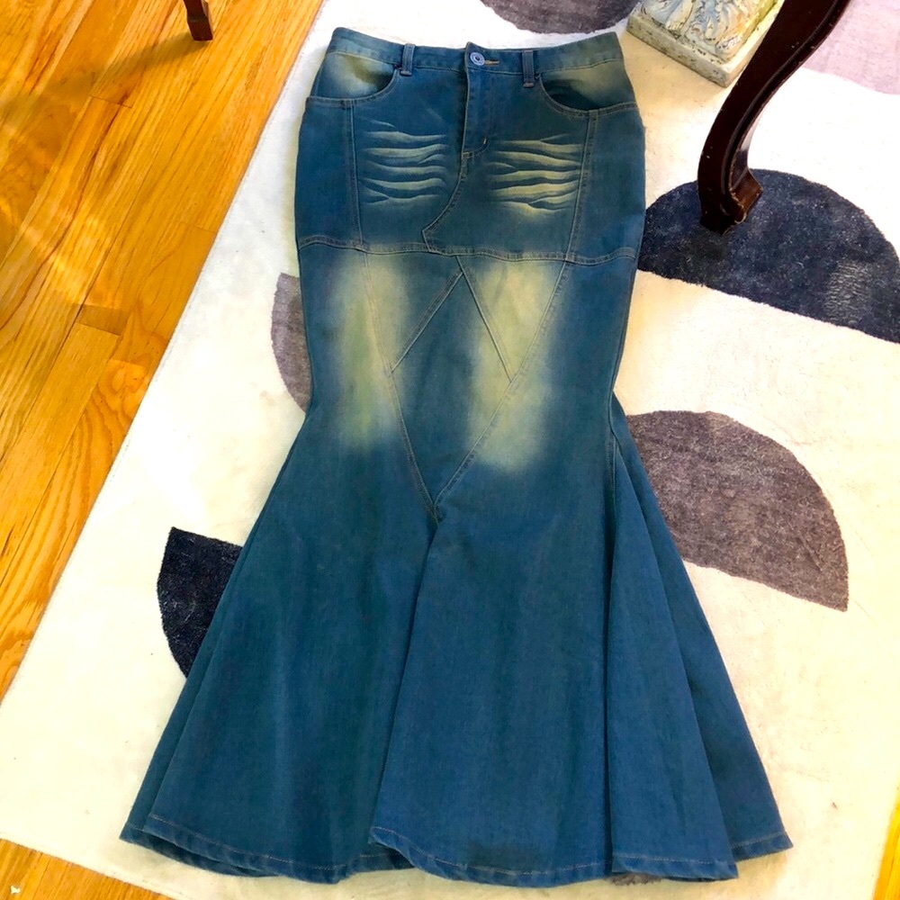 Street Style Washed Distressed Low Waist Denim Skirt Fashionable Ming Long Skirt